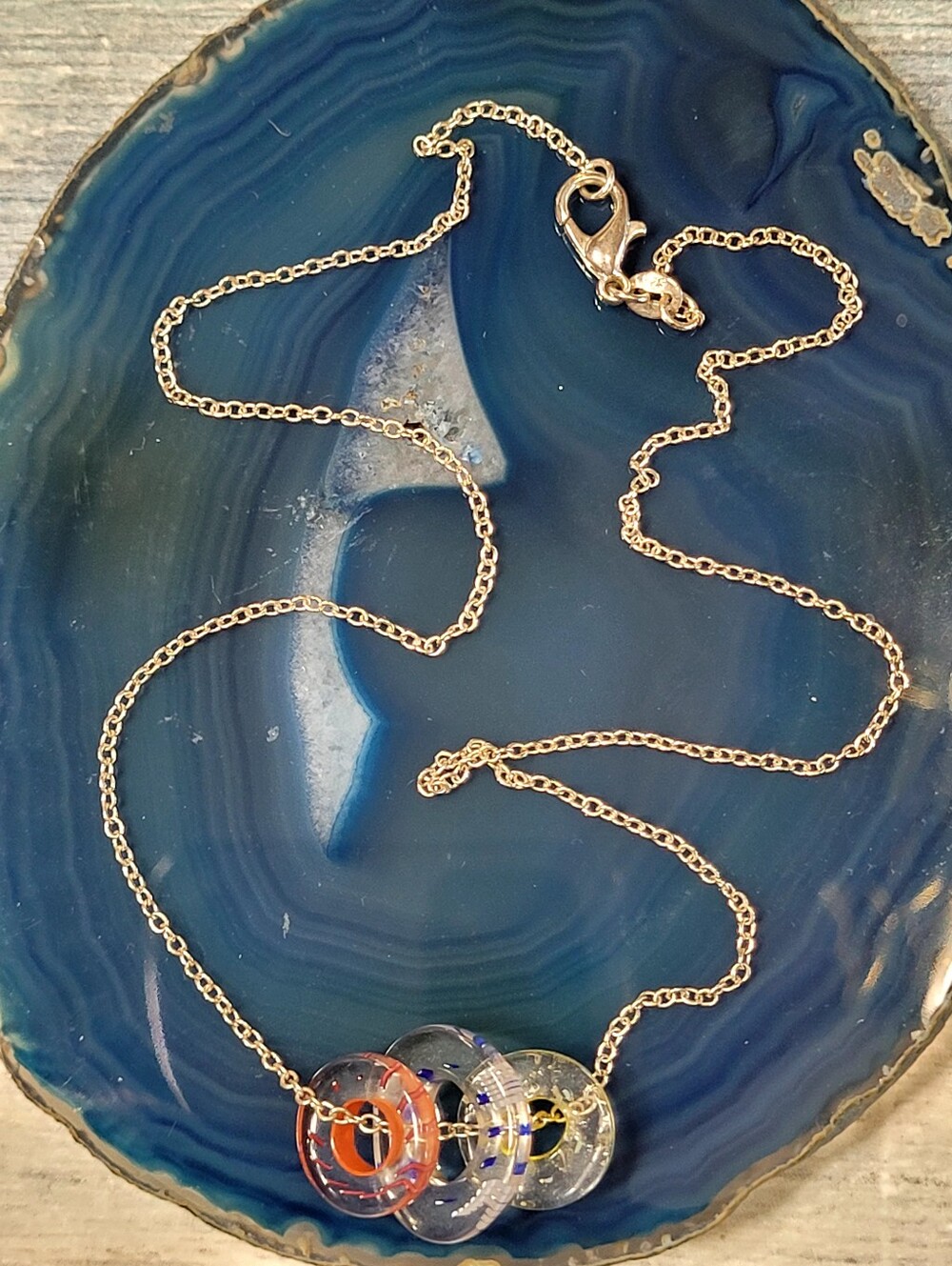 Silver Chain Necklace with Multicolor Three Glass Ring Pendants.